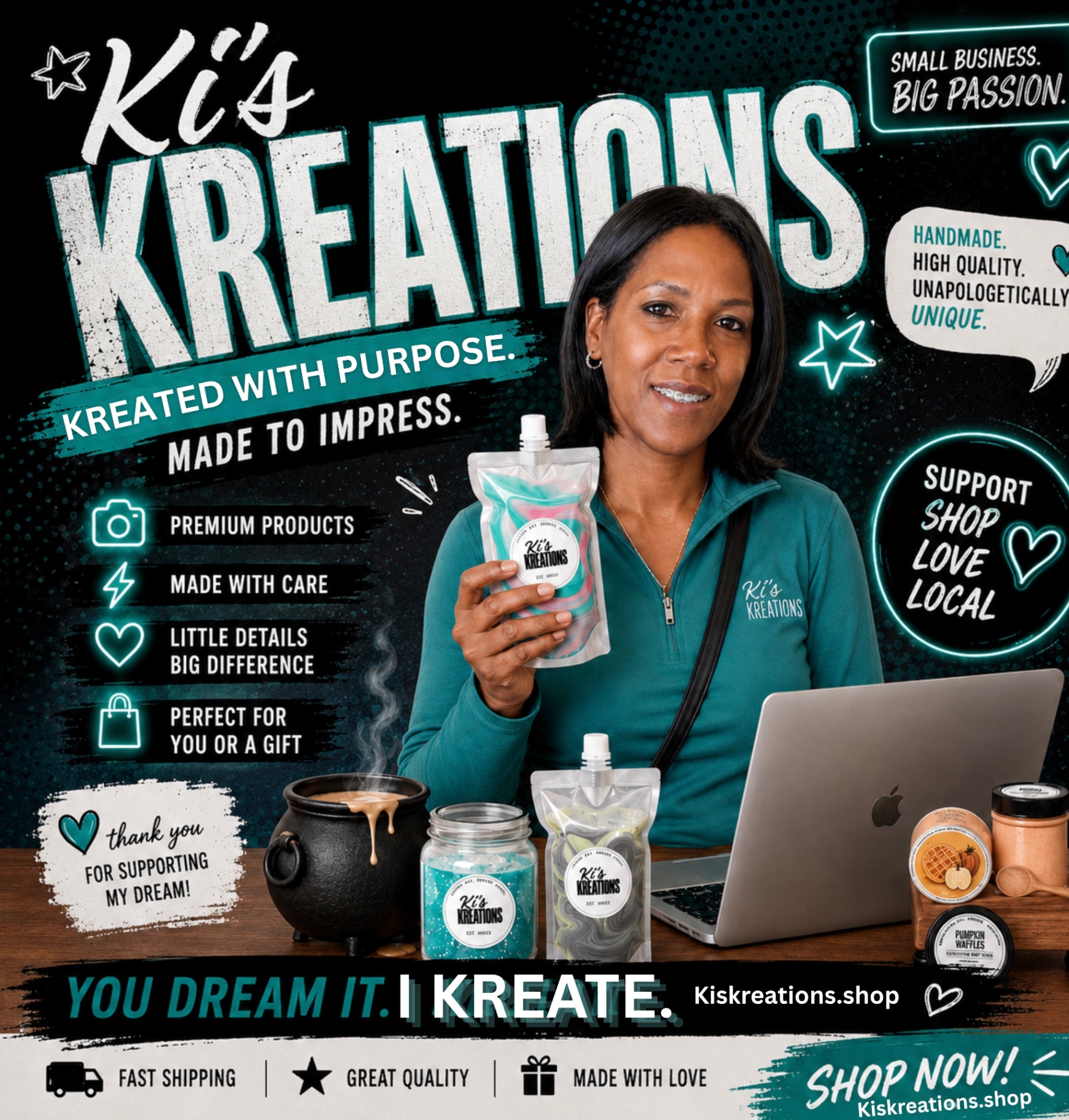 Ki's Kreations promotional poster — handmade wax melts, candles, and gifts