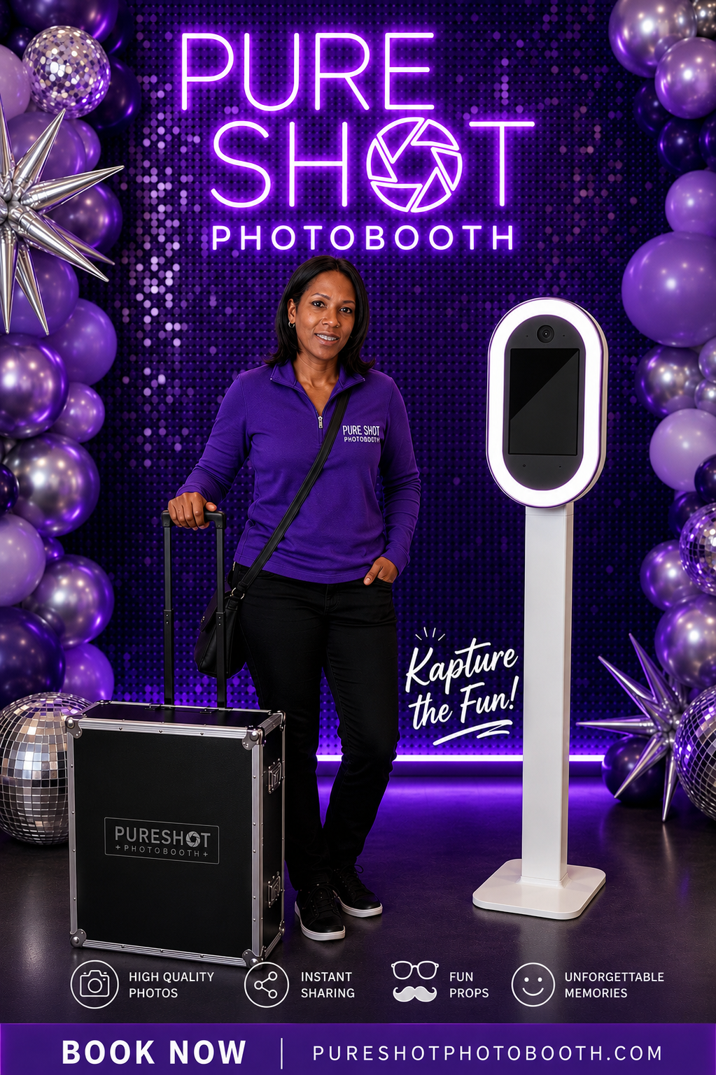 Pure Shot Photobooth — owner with booth at a purple-lit event